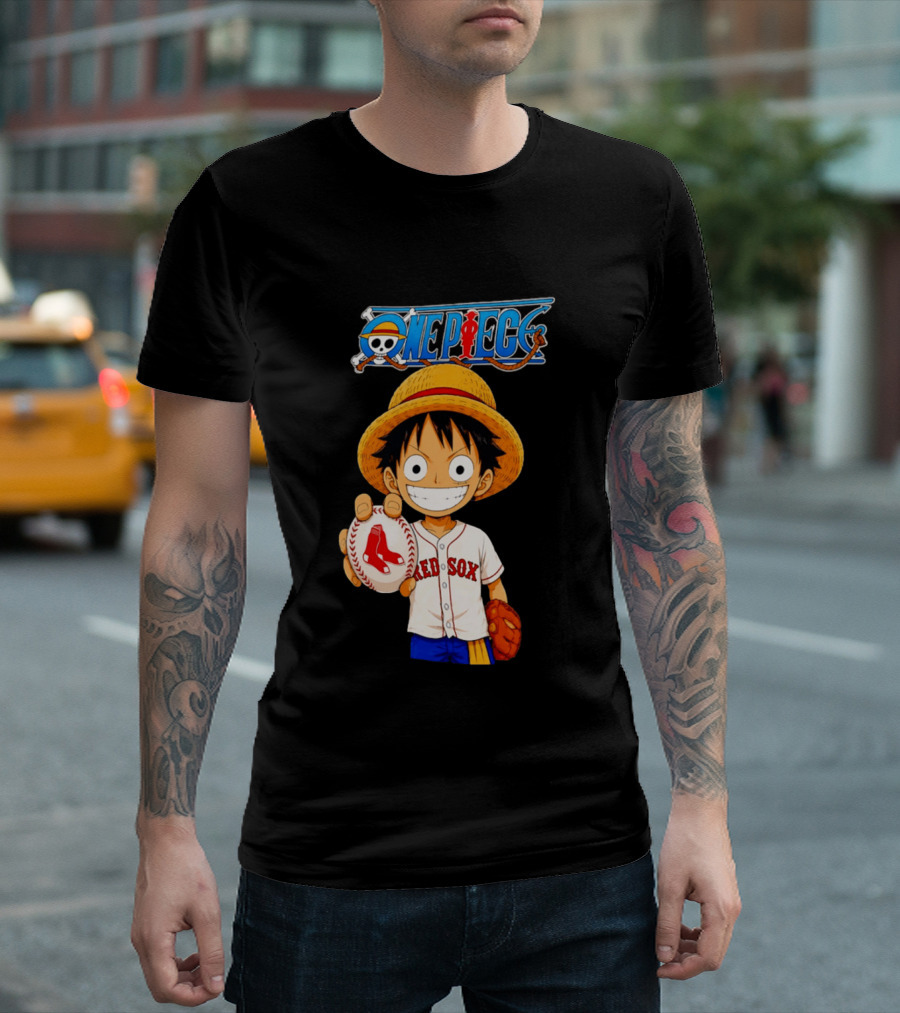 Monkey D. Luffy Red Sox One Piece Crossover Boston Baseball Collaboration T-Shirt