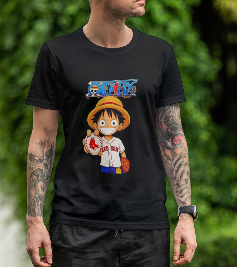 Monkey D. Luffy Red Sox One Piece Crossover Boston Baseball Collaboration T-Shirt