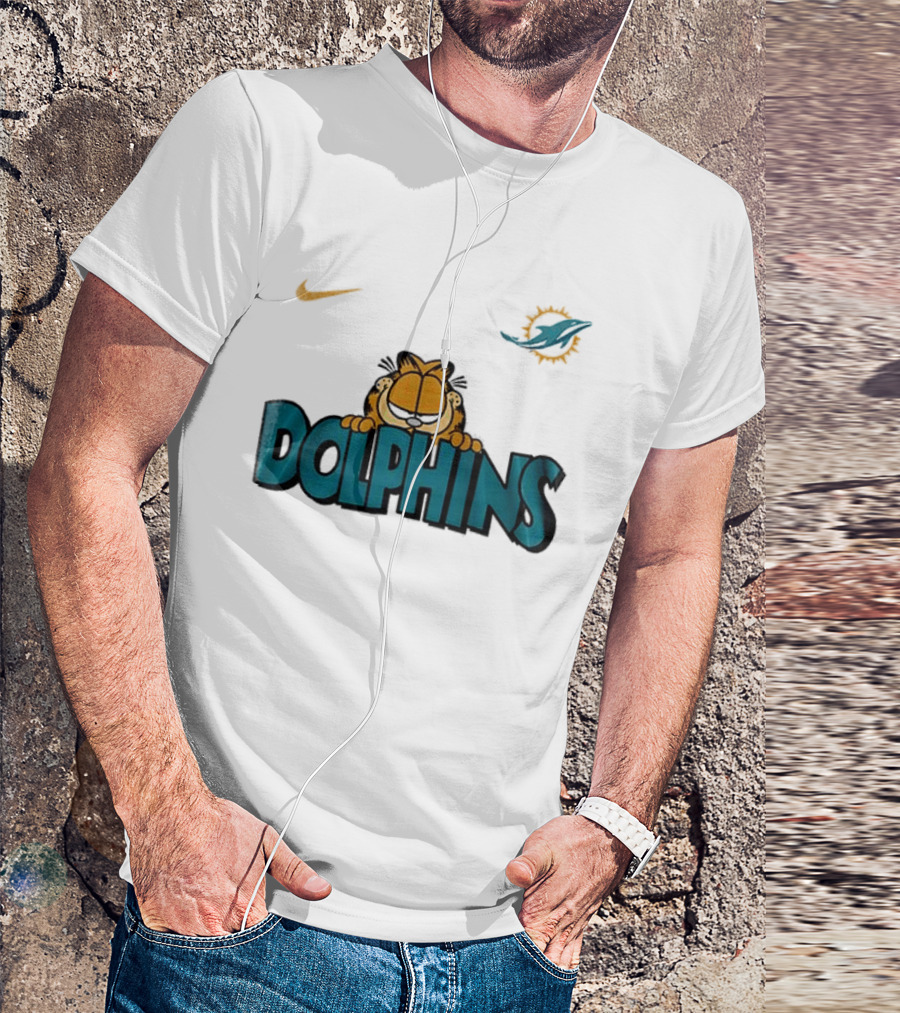 Nike Miami Dolphins Garfield Orange Cat çizim T-Shirt