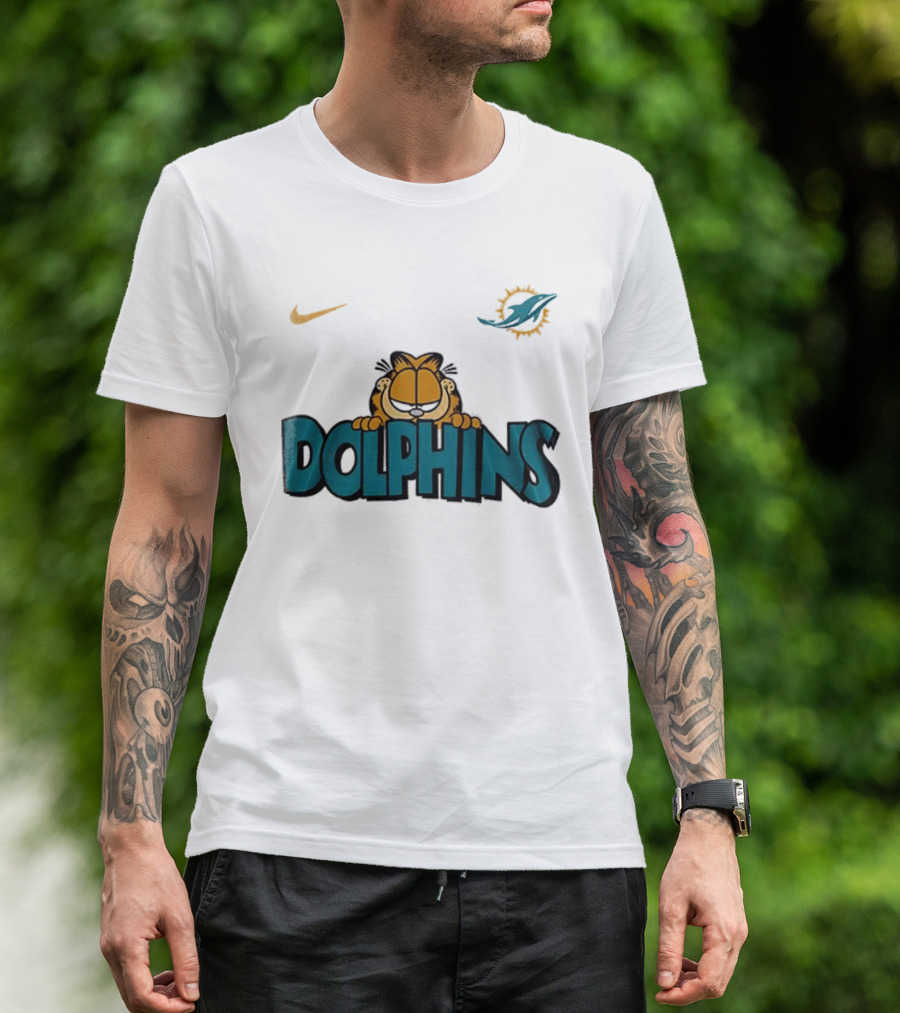 Nike Miami Dolphins Garfield Orange Cat çizim T-Shirt