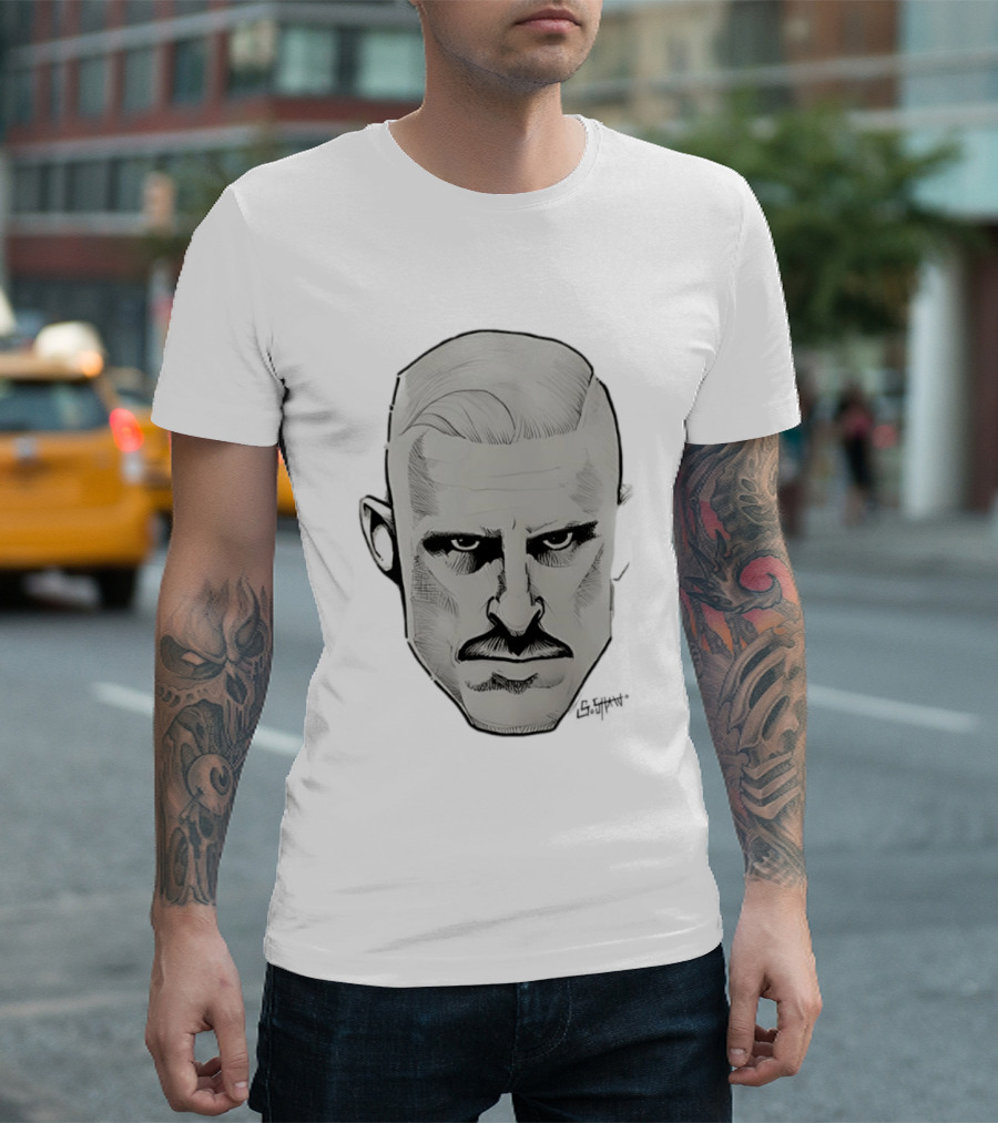 Mustache Man Intense Gaze Slick Back Hair T-Shirt