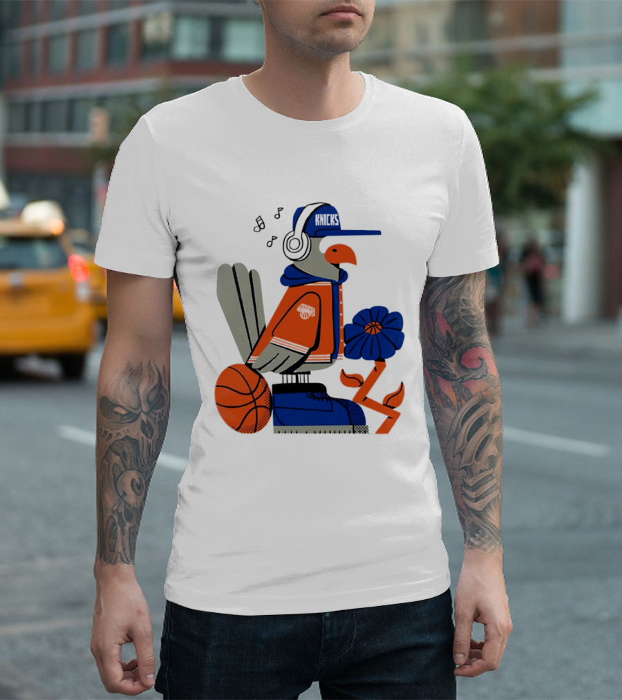 New York Knicks Bird Cap Headphones Basketball Flower T-Shirt