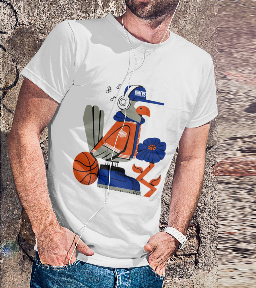 New York Knicks Bird Cap Headphones Basketball Flower T-Shirt