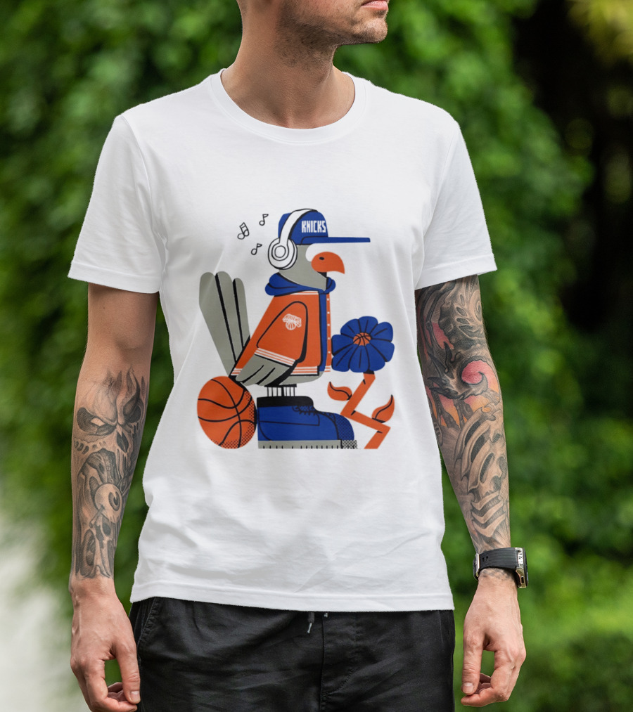 New York Knicks Bird Cap Headphones Basketball Flower T-Shirt