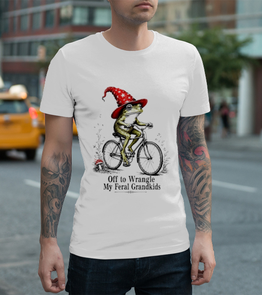 Off To Wrangle My Feral Grandkids Wizard Frog On Bicycle With Red Hat T-Shirt