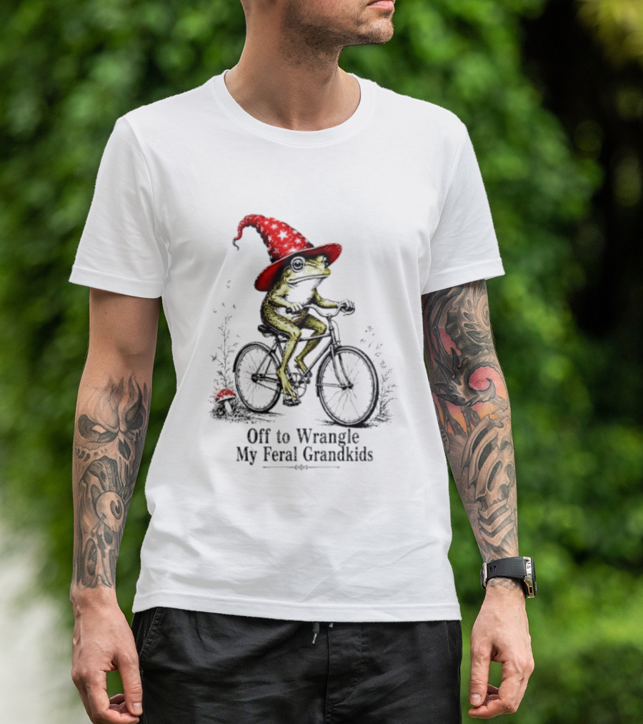 Off To Wrangle My Feral Grandkids Wizard Frog On Bicycle With Red Hat T-Shirt