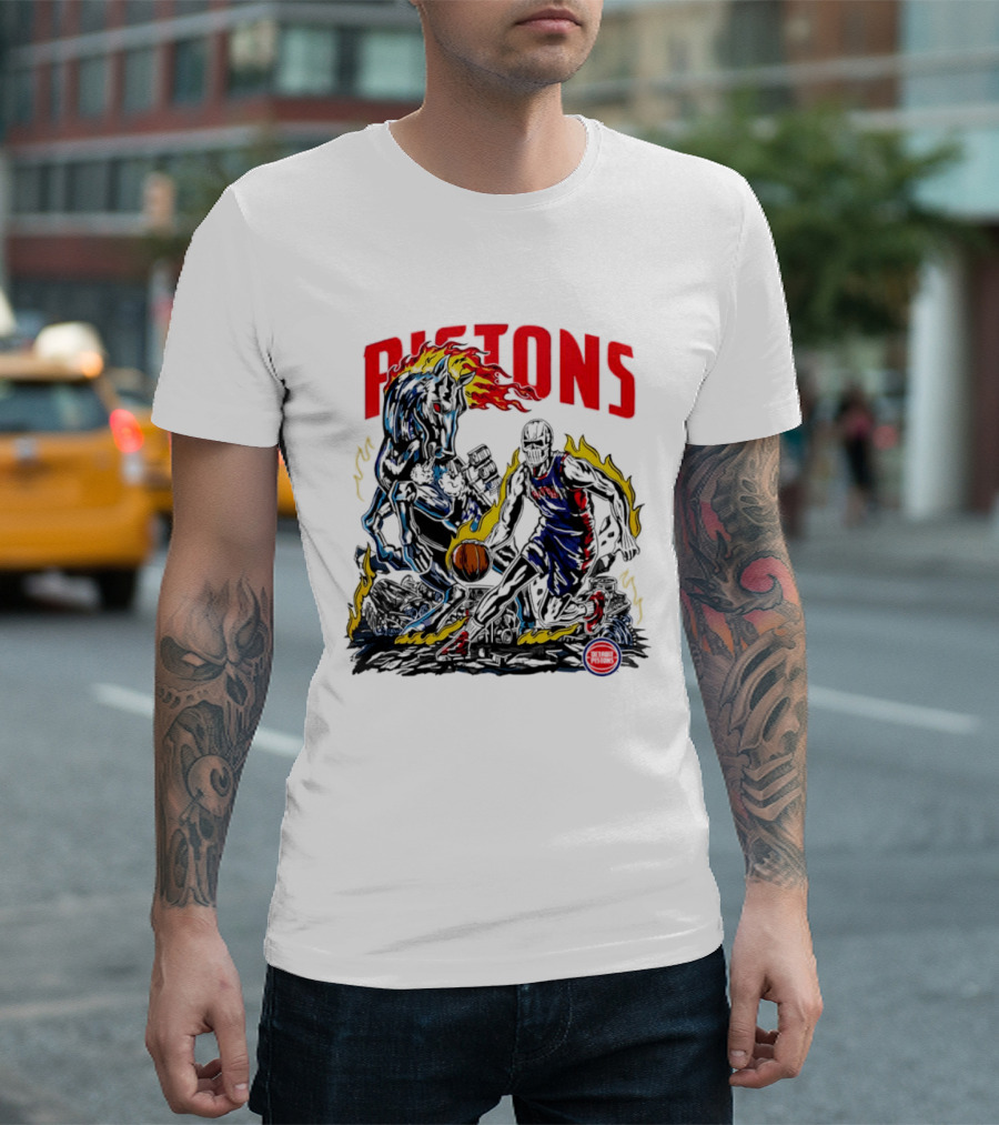 Detroit Pistons Skull Basketball Horse Flames Robot T-Shirt