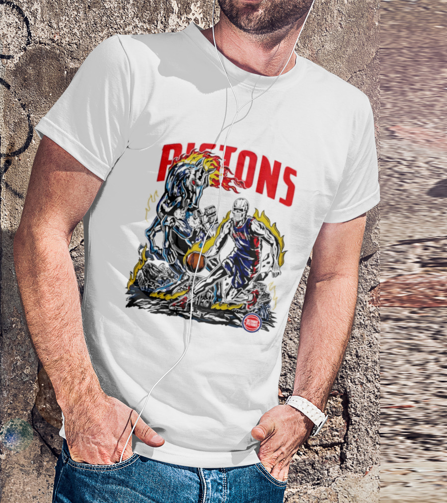 Detroit Pistons Skull Basketball Horse Flames Robot T-Shirt
