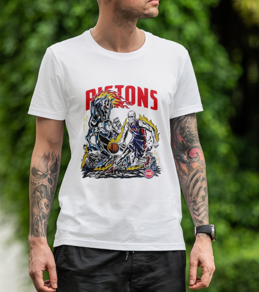 Detroit Pistons Skull Basketball Horse Flames Robot T-Shirt