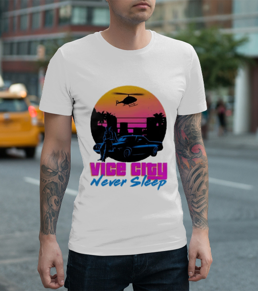 Vice City Never Sleep 80s Sunset Car Helicopter T-Shirt