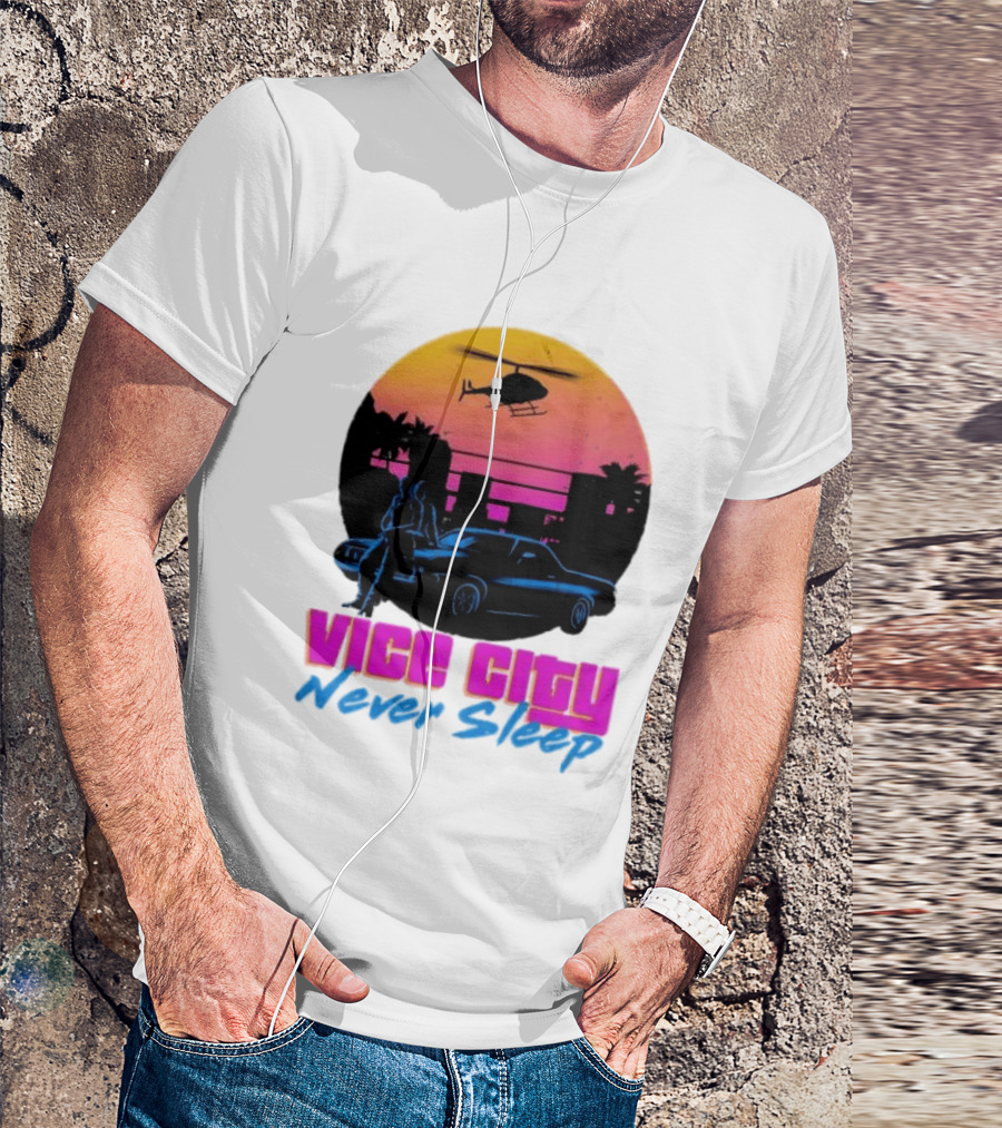 Vice City Never Sleep 80s Sunset Car Helicopter T-Shirt