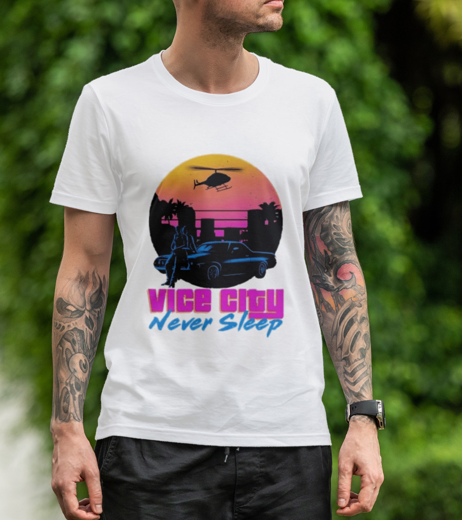 Vice City Never Sleep 80s Sunset Car Helicopter T-Shirt