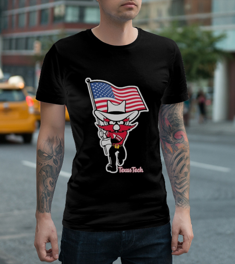 Texas Tech Red Raider Holding American Flag Sticker T-Shirt