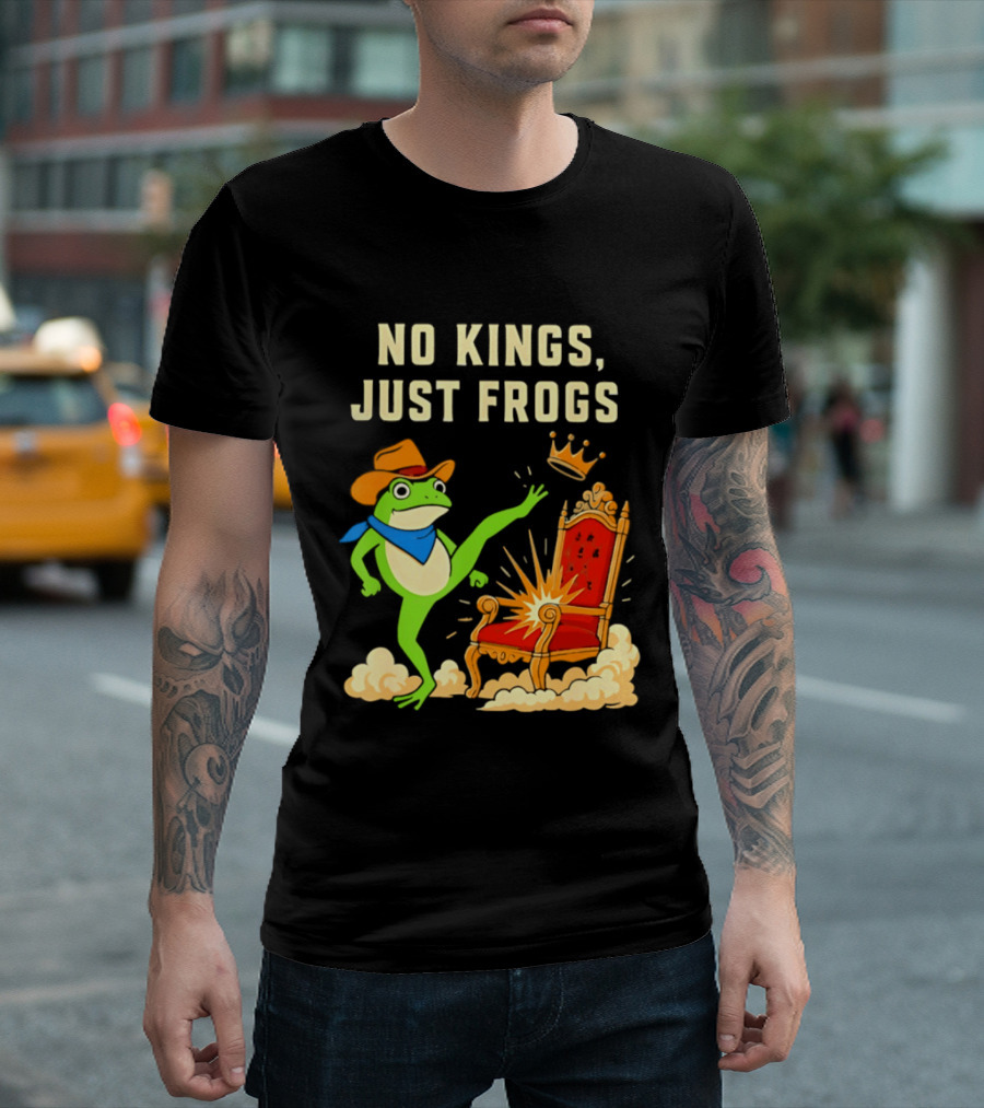 No Kings Just Frogs Portland Cowboy Frog Kicking Crown From Throne T-Shirt