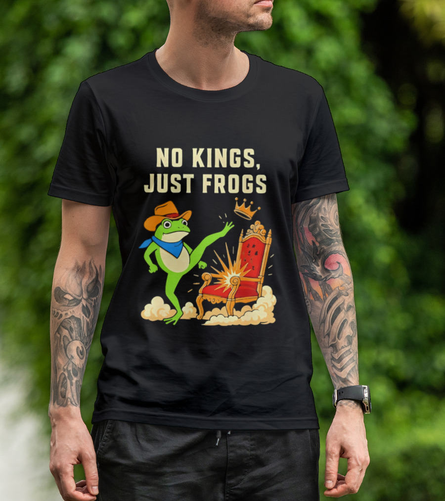 No Kings Just Frogs Portland Cowboy Frog Kicking Crown From Throne T-Shirt