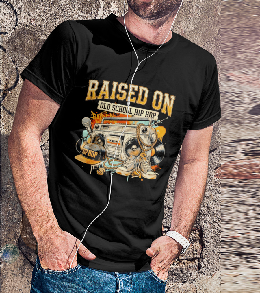 Raised On Old School Hip Hop Boombox Sneakers Microphone Cap Vinyl T-Shirt