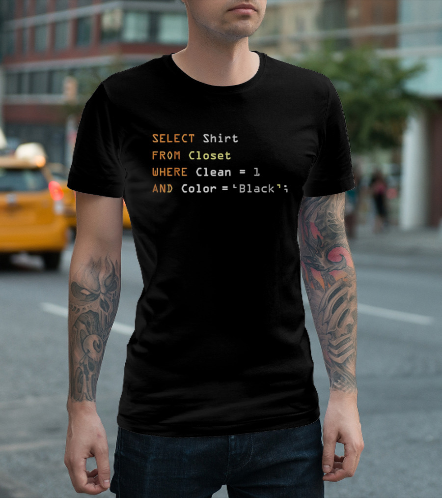 SELECT FROM Closet WHERE Clean 1 AND Color Black SQL Humor T-Shirt