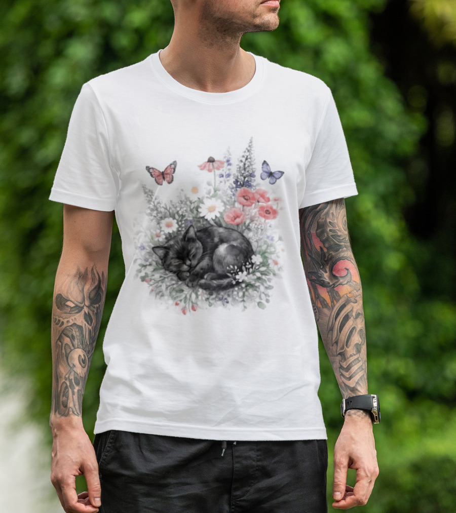 Black Cat Surrounded By Vibrant Flowers And Butterflies T-Shirt