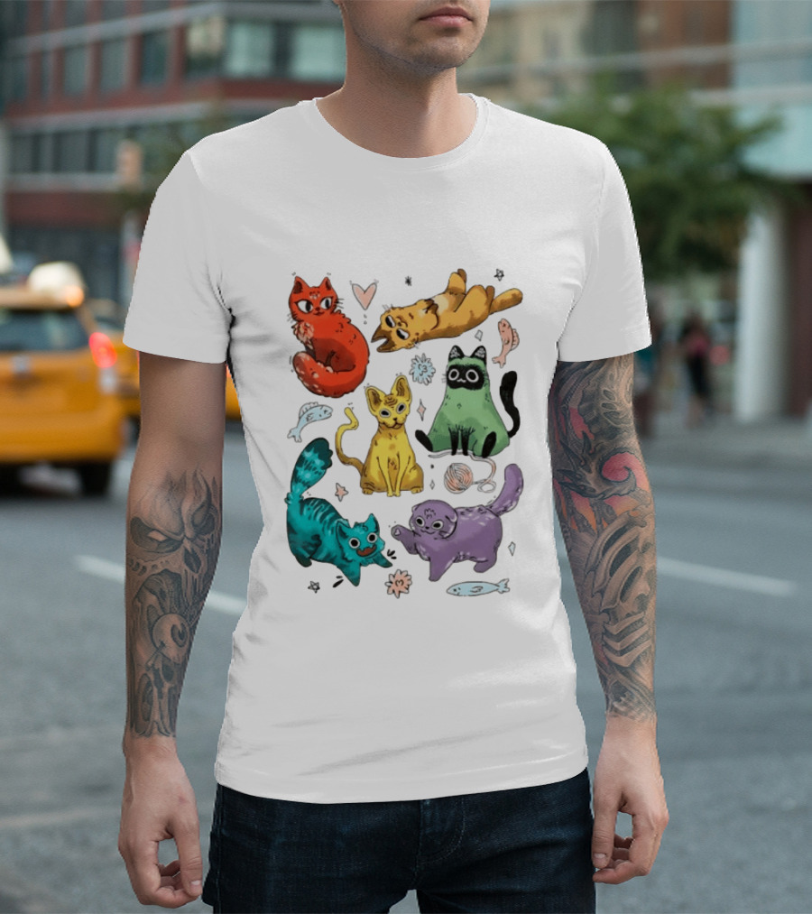 Whimsical Colorful Cats And Rainbow Hearts Collage T-Shirt