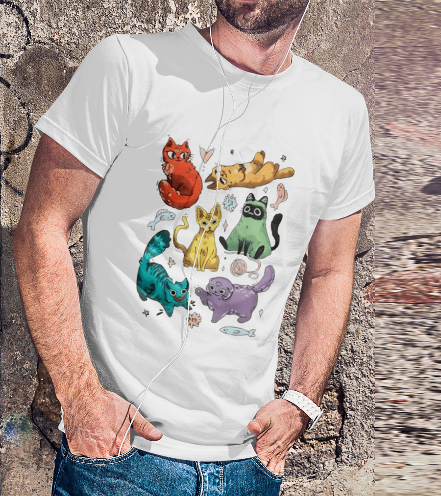 Whimsical Colorful Cats And Rainbow Hearts Collage T-Shirt