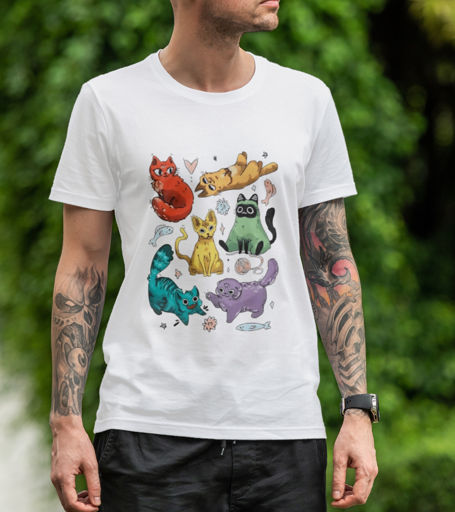 Whimsical Colorful Cats And Rainbow Hearts Collage T-Shirt