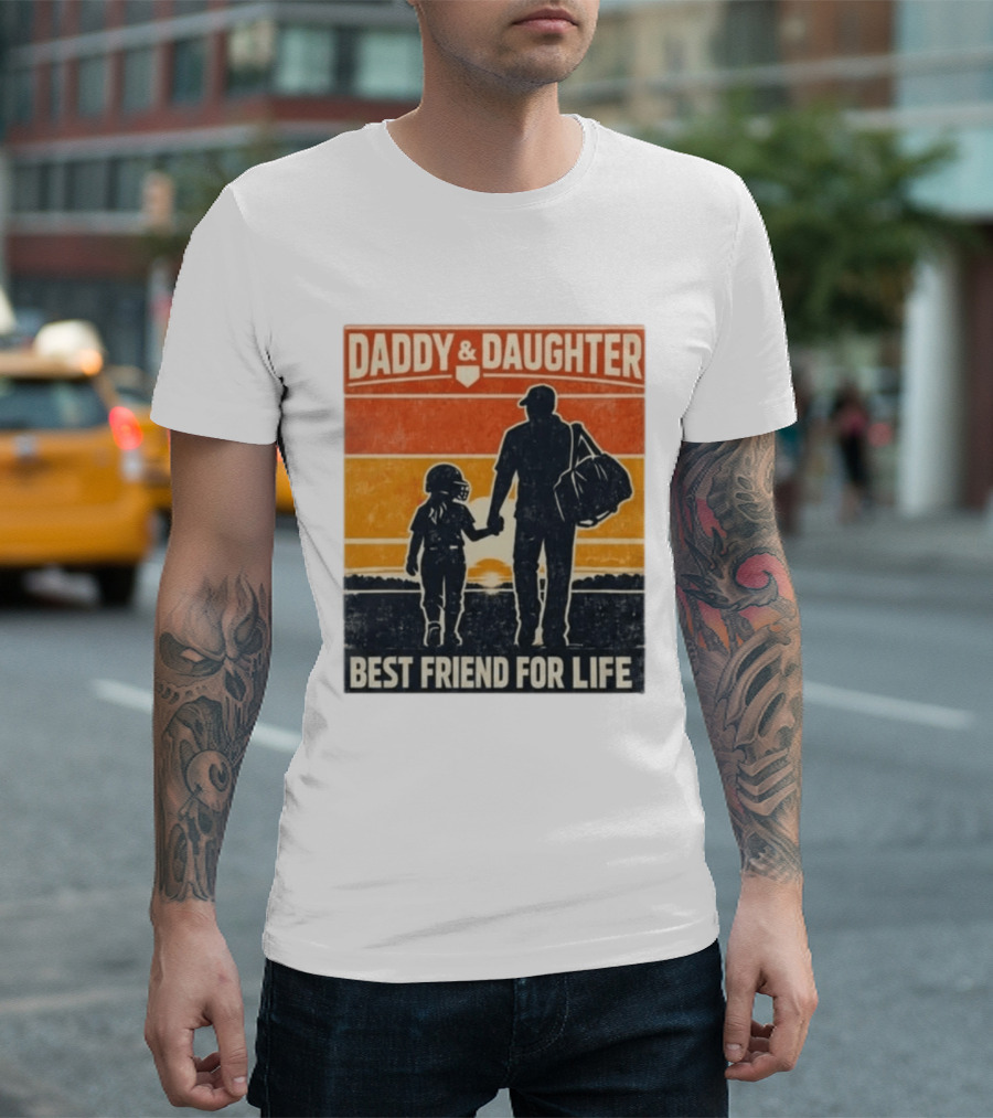 Daddy & Daughter Best Friend For Life Baseball Softball Silhouette Retro Sunset T-Shirt