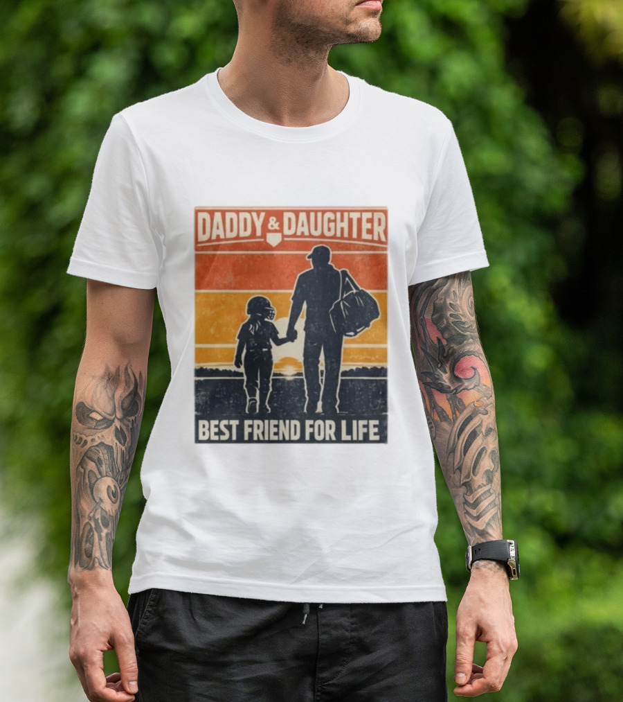 Daddy & Daughter Best Friend For Life Baseball Softball Silhouette Retro Sunset T-Shirt