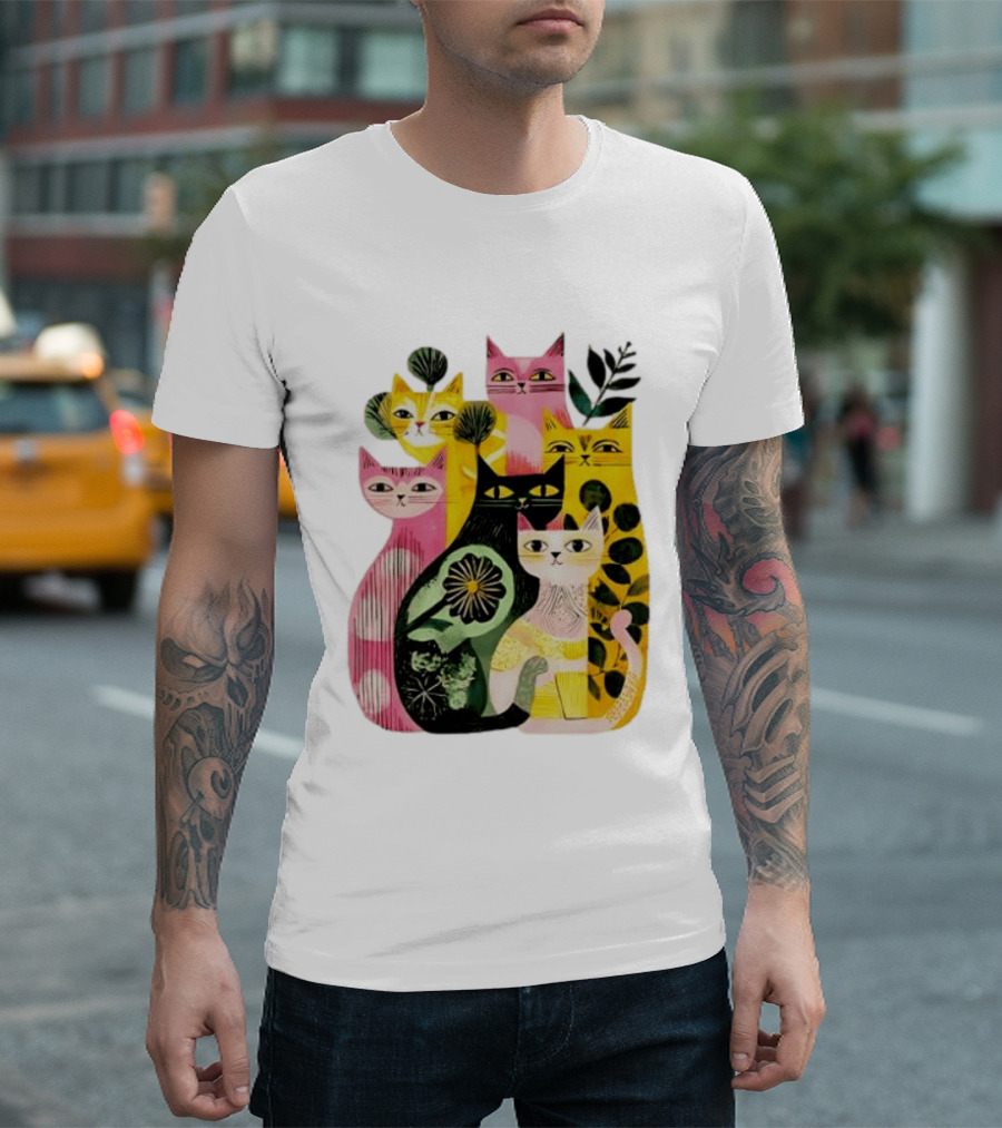 Vibrant Stylized Cats Botanical Foliage Whimsical T-Shirt