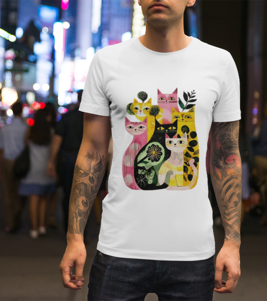 Vibrant Stylized Cats Botanical Foliage Whimsical T-Shirt