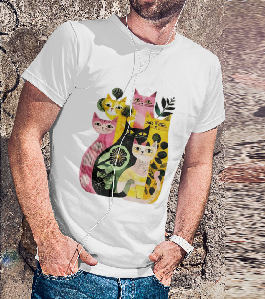 Vibrant Stylized Cats Botanical Foliage Whimsical T-Shirt