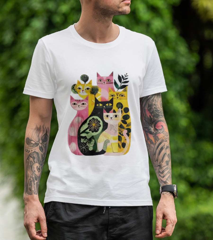 Vibrant Stylized Cats Botanical Foliage Whimsical T-Shirt
