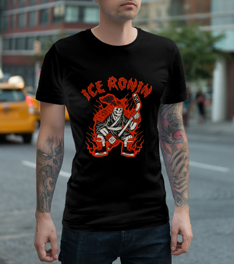 Ice Ronin Samurai Skull Hockey Stick Flames T-Shirt