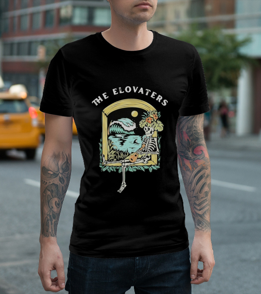 The Elovaters Endless Summer Skeleton Surfing Ukulele Moonlight Scene T-Shirt