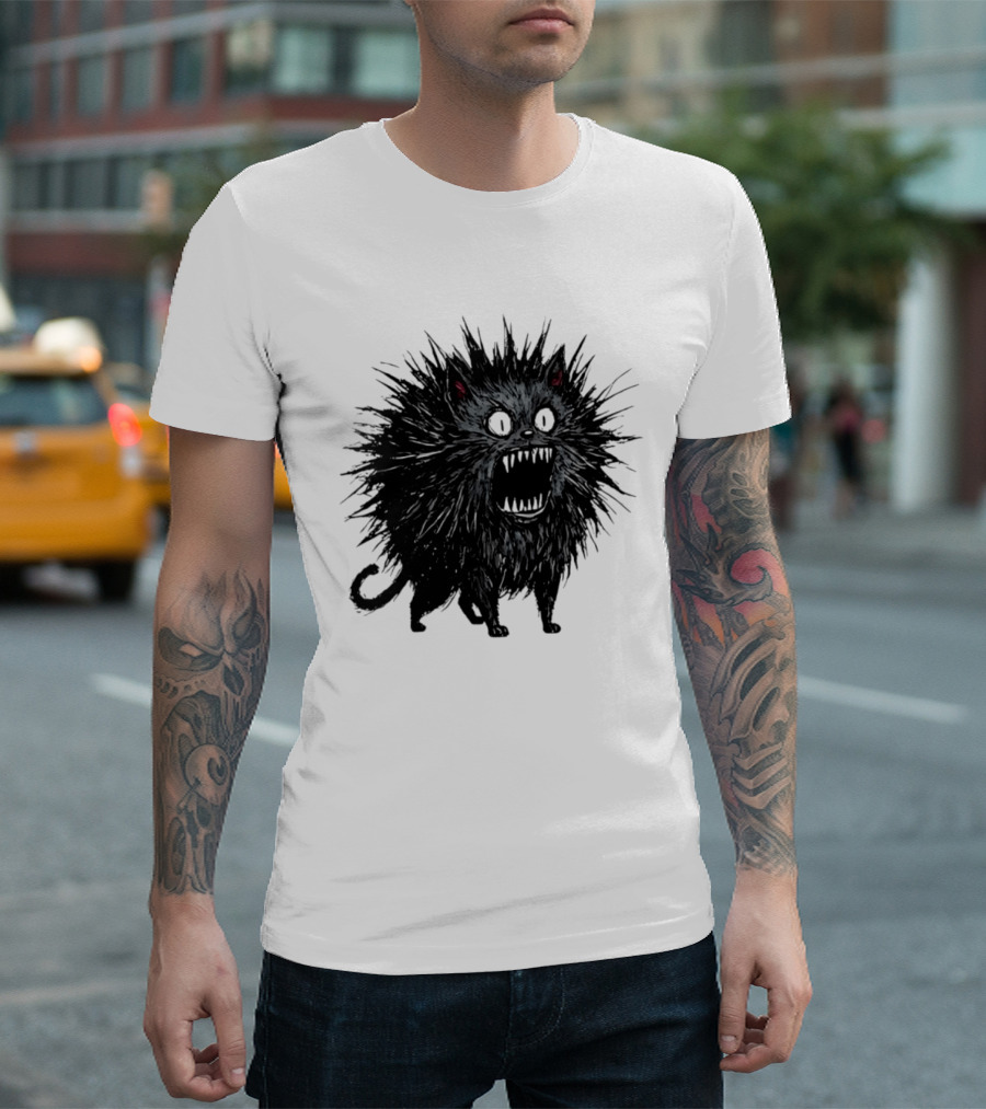 Angry Spiky Black Cat Meme Wild Expression T-Shirt