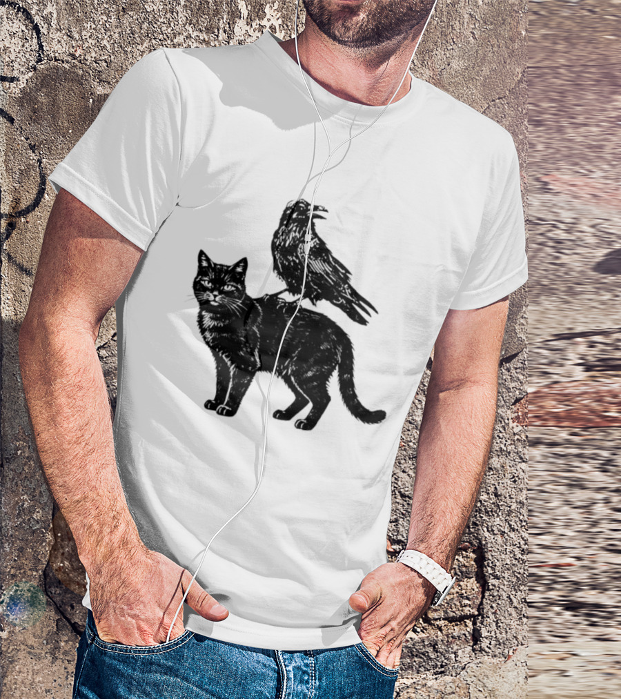 Black Cat And Raven Silhouette Duo T-Shirt