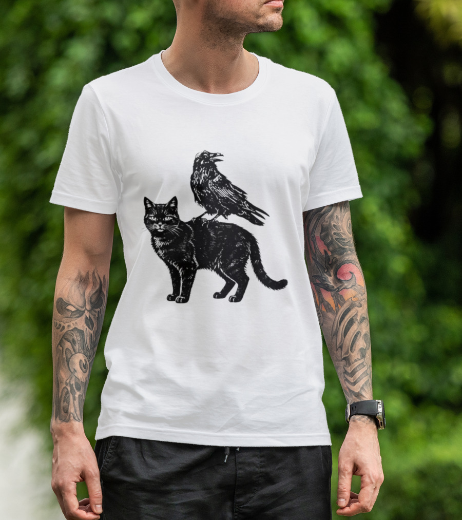 Black Cat And Raven Silhouette Duo T-Shirt