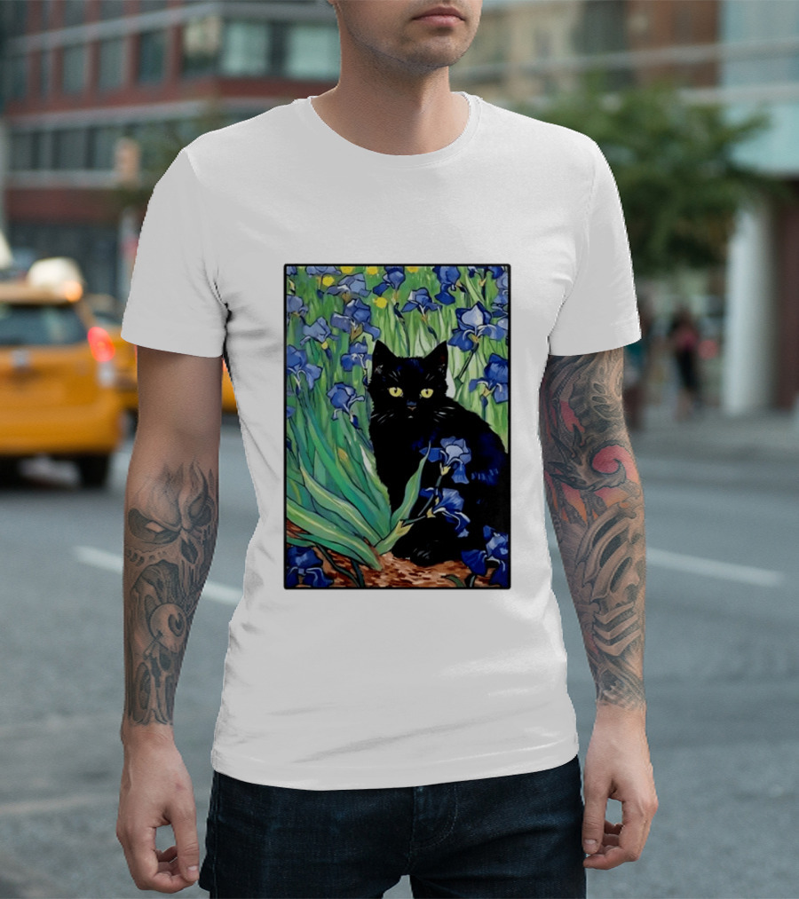 Black Cat With Van Gogh Irises Painting T-Shirt