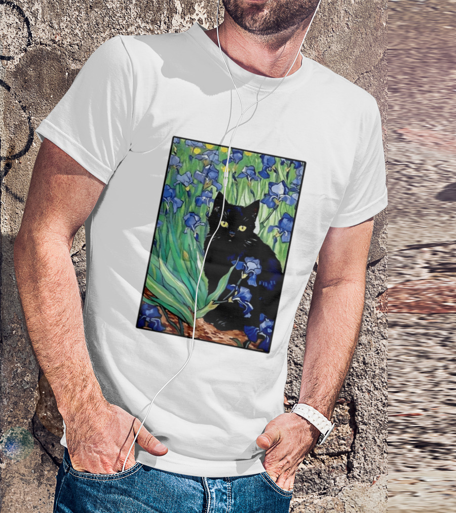 Black Cat With Van Gogh Irises Painting T-Shirt