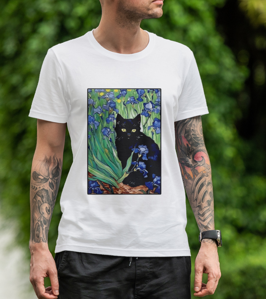 Black Cat With Van Gogh Irises Painting T-Shirt
