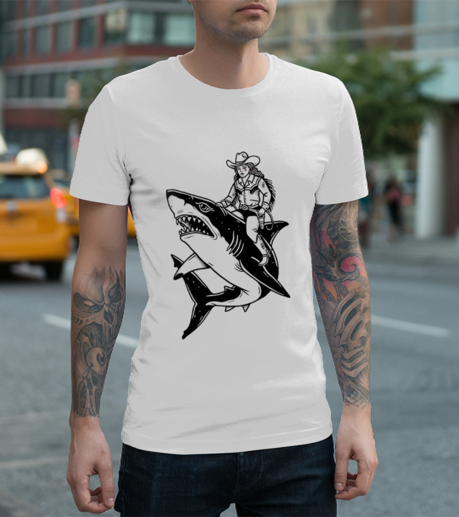 Cowgirl Riding Shark Novelty T-Shirt