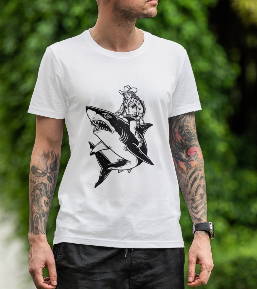 Cowgirl Riding Shark Novelty T-Shirt
