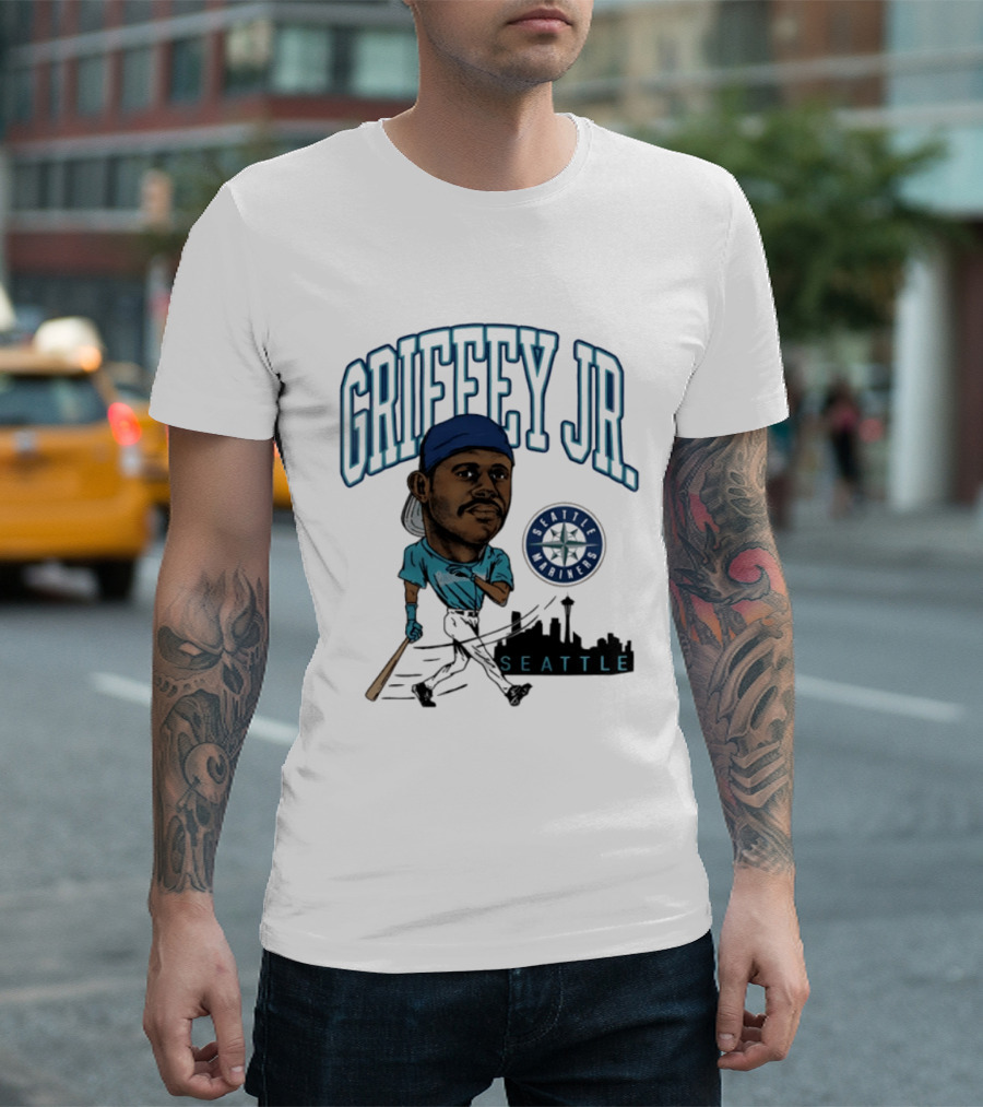 Seattle Mariners Griffey Jr. Skyline Caricature T-Shirt
