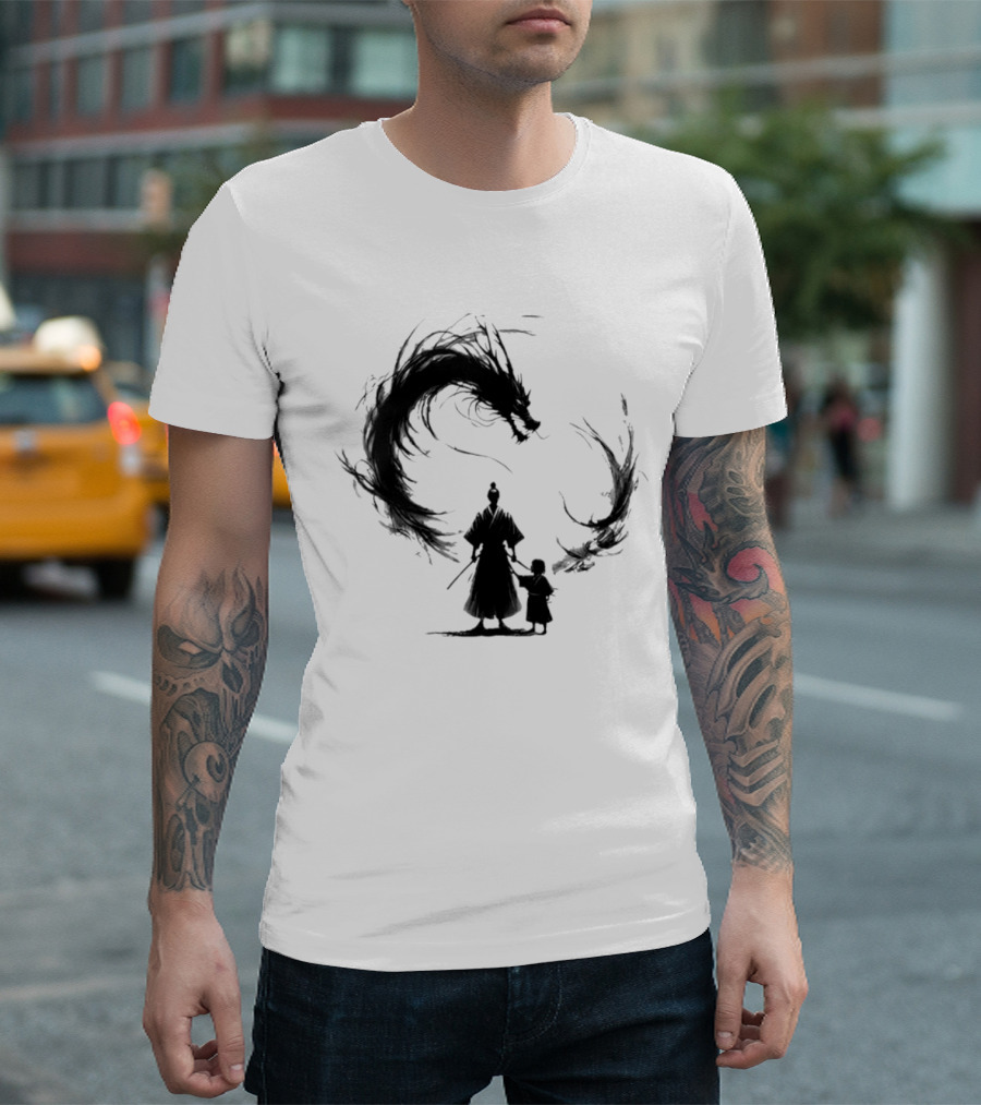 Samurai And Son With Black Dragon Circle T-Shirt