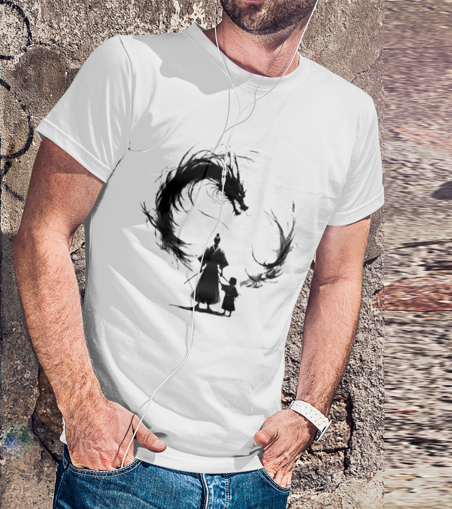 Samurai And Son With Black Dragon Circle T-Shirt