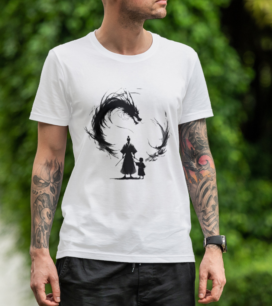 Samurai And Son With Black Dragon Circle T-Shirt