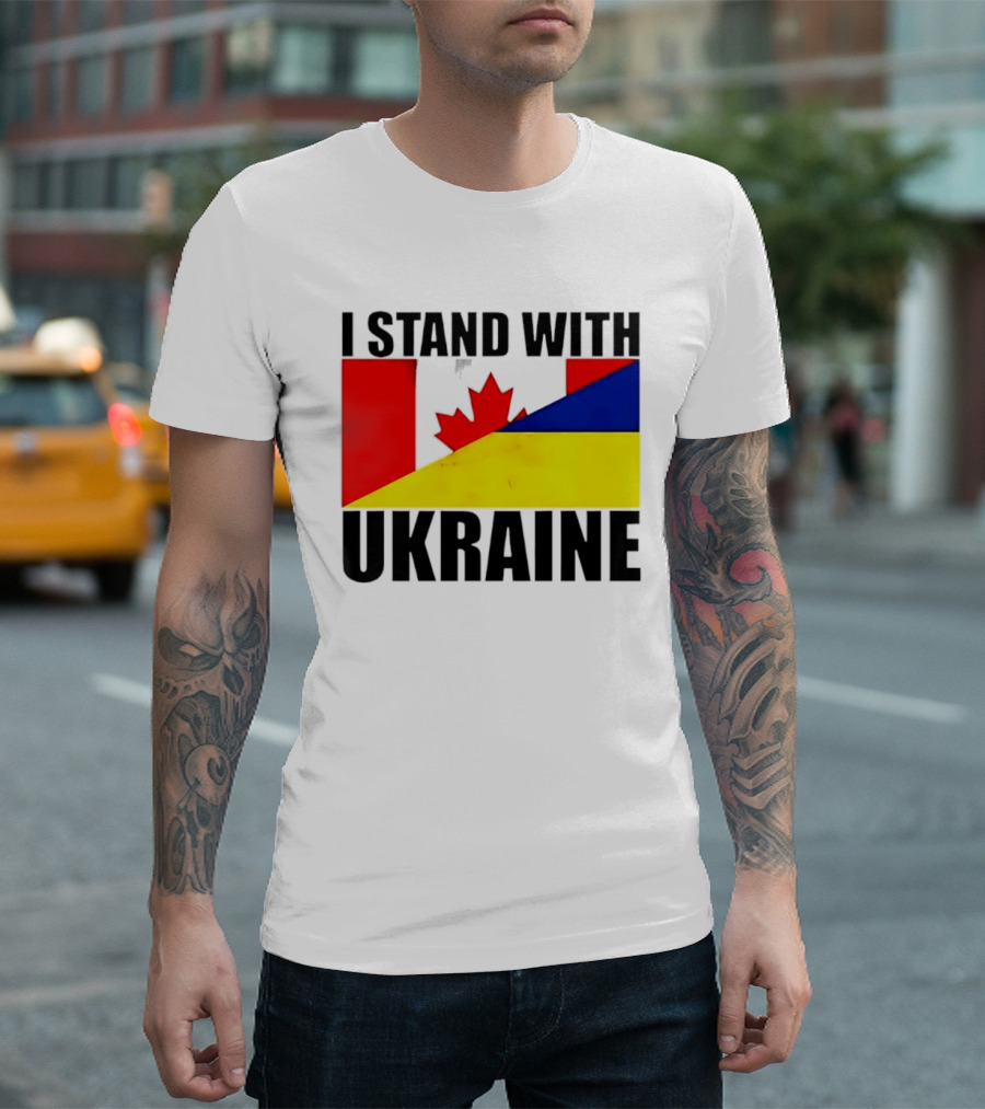 I Stand With Ukraine Canada Flag Maple Leaf Yellow Blue T-Shirt