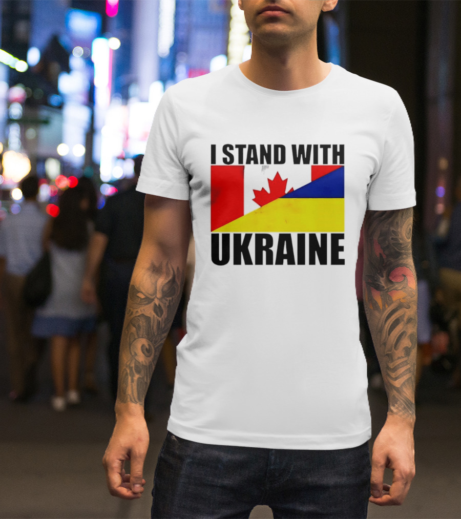 I Stand With Ukraine Canada Flag Maple Leaf Yellow Blue T-Shirt