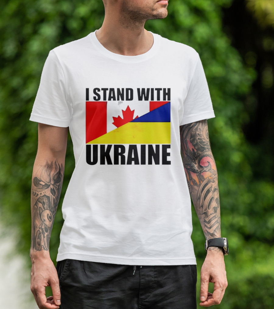 I Stand With Ukraine Canada Flag Maple Leaf Yellow Blue T-Shirt