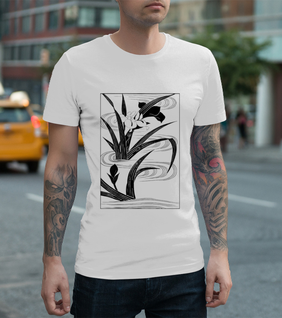 Japanese Black And White Irises In Water With Flowing Waves T-Shirt