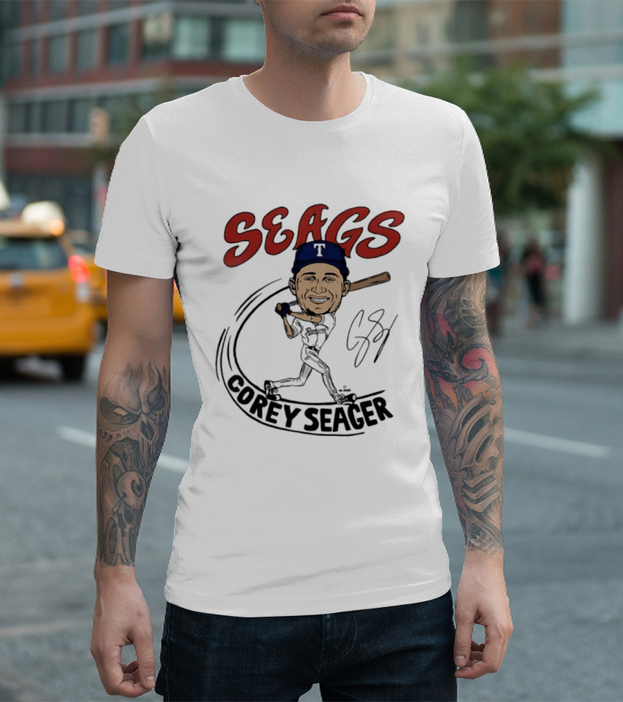 Seags Corey Seager Texas Rangers Slugger Swing Caricature T-Shirt